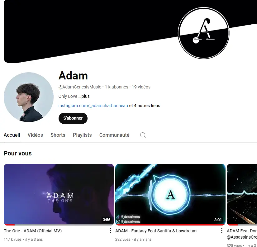 bannière youtube Adam musicien